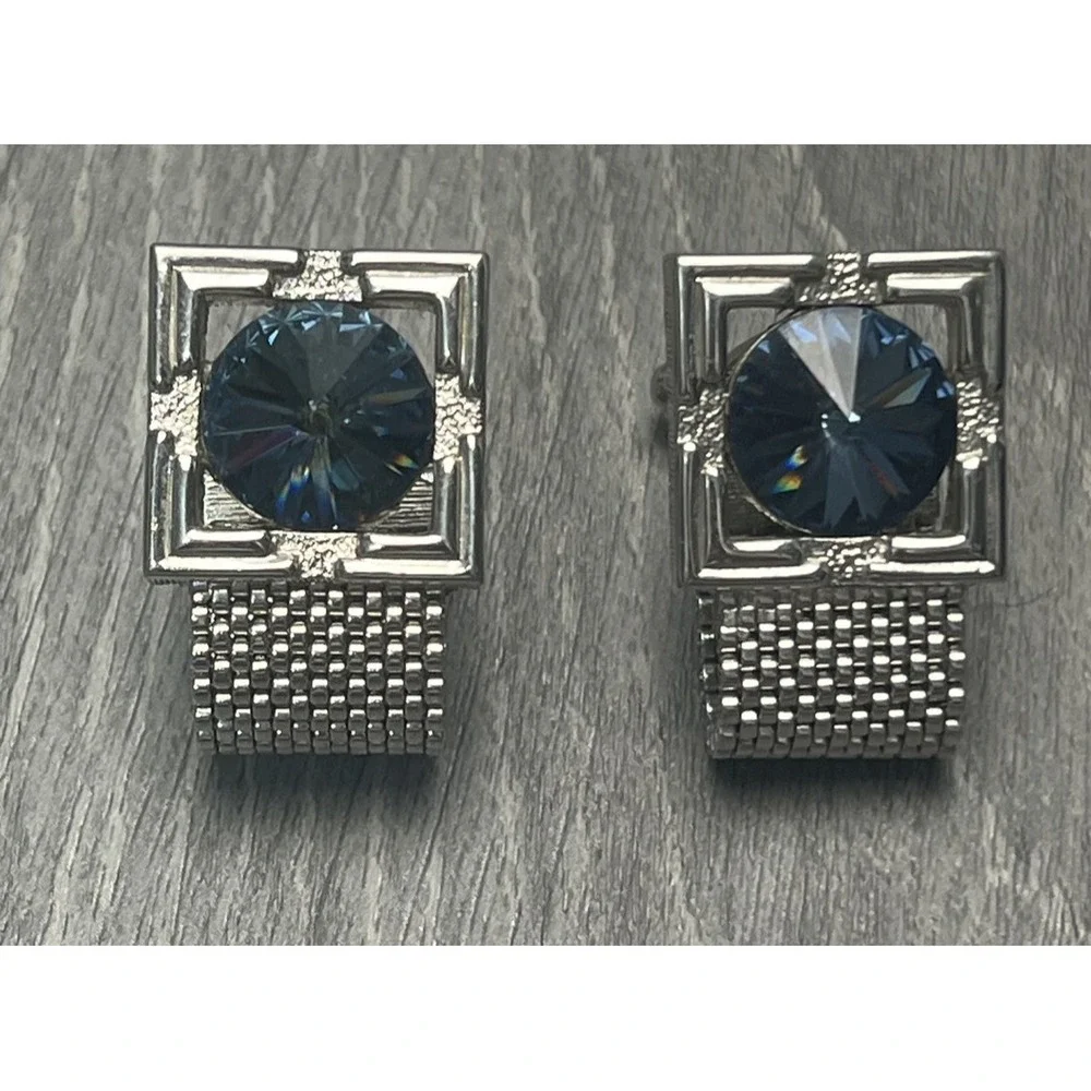 Vintage Men's Cufflinks Silver-Tone Mesh Faceted Blue Stone Square Frame‎